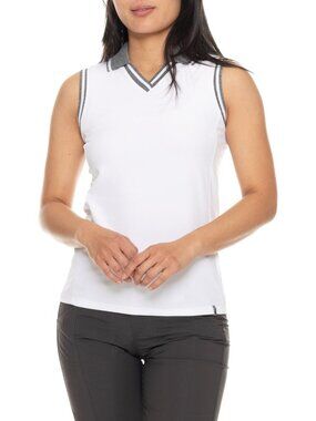 KJUSWomen's V-Neck Polo White W/ Grey Collar